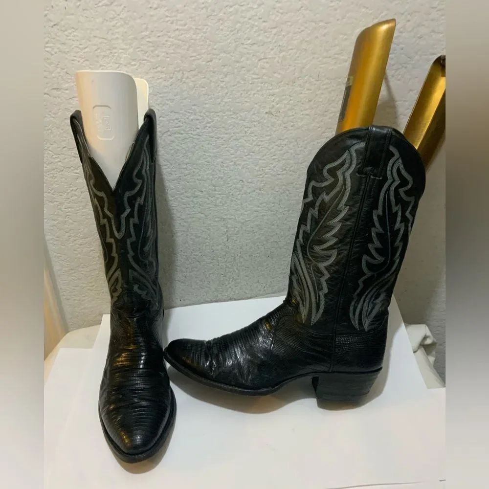Justin Lizard Skin Leather Cowboy Western Boots Men's 9.5 D Black USA 8313